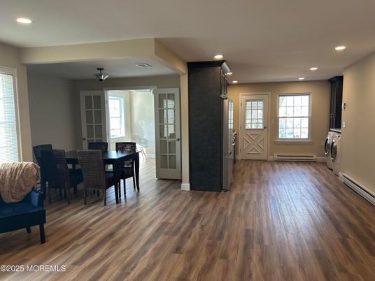 Dining room, Interior, Recessed Lighting, Wood Texture Flooring