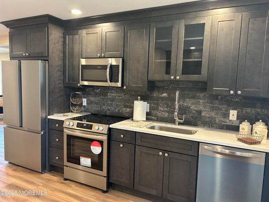 Interior, Kitchen, Recessed Lighting, Stainless Steel Appliances, Wood Texture Flooring