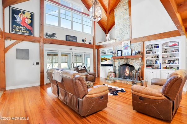 Fireplace, Interior, Living room, Pendant Lights, Wooden Beams, Wood Texture Flooring