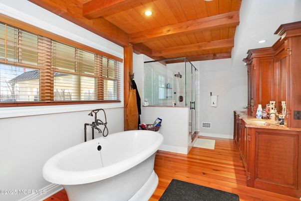 Bathroom, Free Standing Baths, Glass Shower, Interior, Recessed Lighting, Wooden Beams, Wooden Ceilings, Wood Texture Flooring