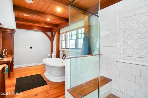 Bathroom, Free Standing Baths, Glass Shower, Interior, Recessed Lighting, Wooden Beams, Wooden Ceilings, Wood Texture Flooring