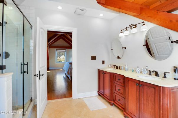 Bathroom, Dual Sink Vanities, Glass Shower, Interior, Recessed Lighting, Wooden Beams, Wooden Ceilings, Wood Texture Flooring