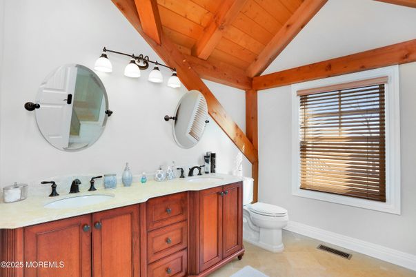 Bathroom, Dual Sink Vanities, Interior, Wooden Beams, Wooden Ceilings