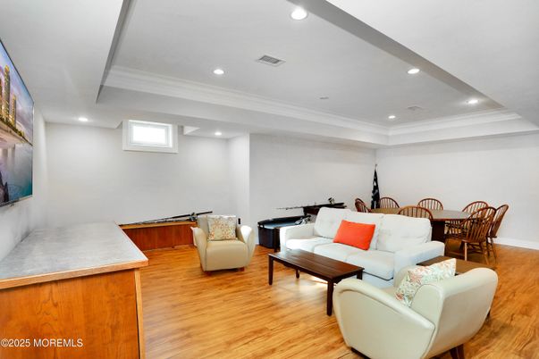 Dining room, Interior, Living room, Recessed Lighting, Wood Texture Flooring