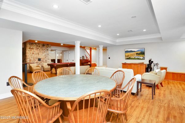 Dining room, Interior, Recessed Lighting, Stone Walls, Wood Texture Flooring