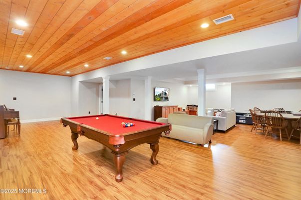 Billiard Table, Dining room, Game Room, Interior, Recessed Lighting, Wooden Ceilings, Wood Texture Flooring