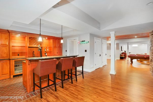 Billiard Table, Game Room, Interior, Kitchen, Pendant Lights, Recessed Lighting, Wood Texture Flooring