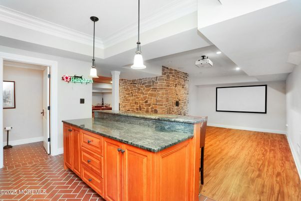 Interior, Pendant Lights, Recessed Lighting, Stone Walls, Wood Texture Flooring
