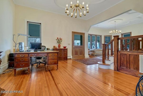 Chandelier, Home Office, Interior, Wood Texture Flooring