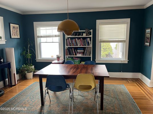 Dining room, Interior, Pendant Lights, Wood Texture Flooring