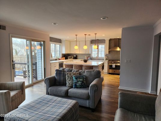 Interior, Kitchen, Living room, Pendant Lights, Recessed Lighting, Stainless Steel Appliances, Wood Texture Flooring