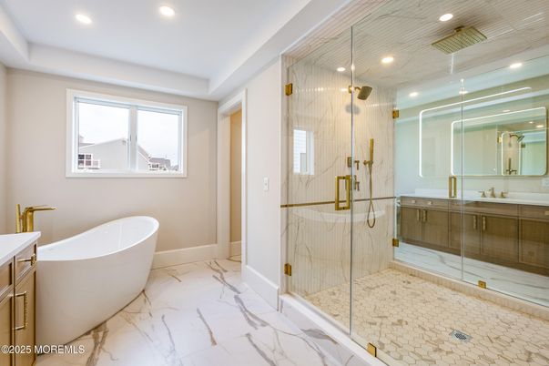 Bathroom, Free Standing Baths, Glass Shower, Interior, Marble, Recessed Lighting