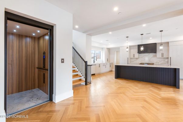 Interior, Kitchen, Marble Walls, Pendant Lights, Recessed Lighting, Wood Texture Flooring, Wooden Walls
