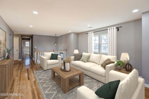Interior, Living room, Pendant Lights, Recessed Lighting, Wood Texture Flooring