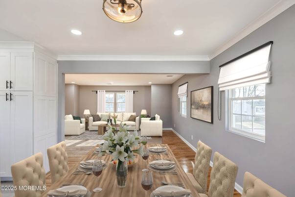 Dining room, Interior, Living room, Recessed Lighting, Wood Texture Flooring