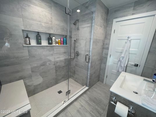 Bathroom, Glass Shower, Interior, Wood Texture Flooring