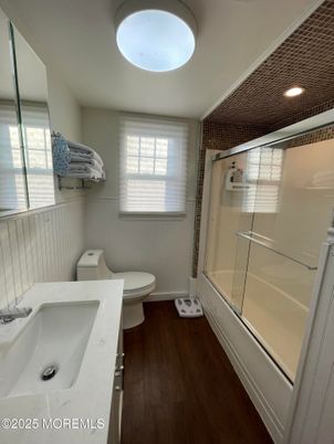 Bathroom, Glass Shower, Interior, Recessed Lighting, Wood Texture Flooring