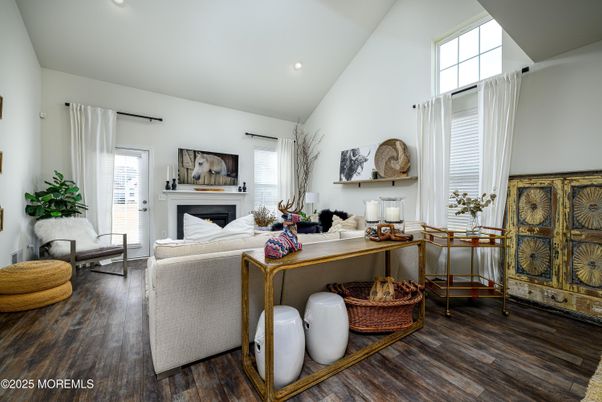 Fireplace, Interior, Living room, Recessed Lighting, Wood Texture Flooring