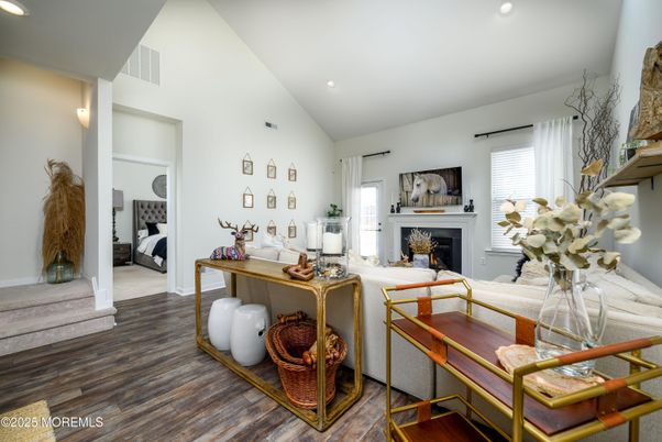 Bedroom, Fireplace, Interior, Recessed Lighting, Wood Texture Flooring