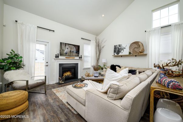 Fireplace, Interior, Living room, Recessed Lighting, Wood Texture Flooring