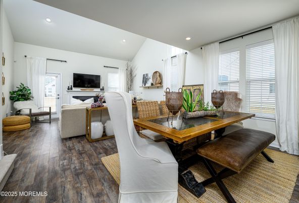 Dining room, Interior, Living room, Recessed Lighting, Wood Texture Flooring
