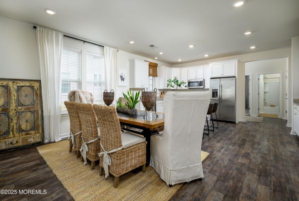 Dining room, Interior, Kitchen, Recessed Lighting, Stainless Steel Appliances, Wood Texture Flooring
