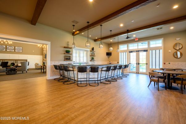 Chandelier, Dining room, Interior, Pendant Lights, Recessed Lighting, Wooden Beams, Wood Texture Flooring