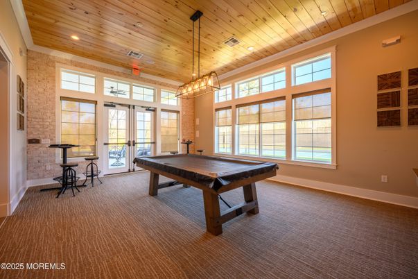 Billiard Table, Chandelier, Game Room, Interior, Recessed Lighting, Wooden Ceilings