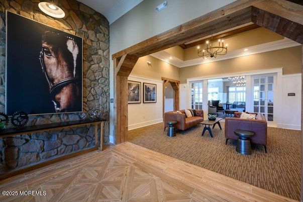 Chandelier, Interior, Living room, Recessed Lighting, Stone Walls, Wooden Beams, Wood Texture Flooring