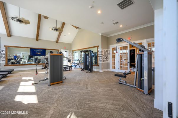 Fitness Equipment, Gym, Interior, Recessed Lighting, Wooden Beams