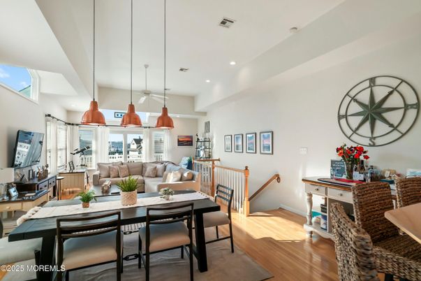 Dining room, Interior, Living room, Pendant Lights, Recessed Lighting, Wood Texture Flooring