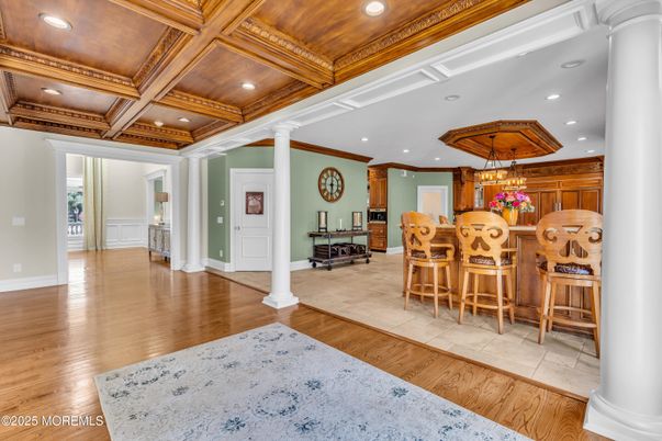 Chandelier, Interior, Pendant Lights, Recessed Lighting, Wooden Beams, Wooden Ceilings, Wood Texture Flooring