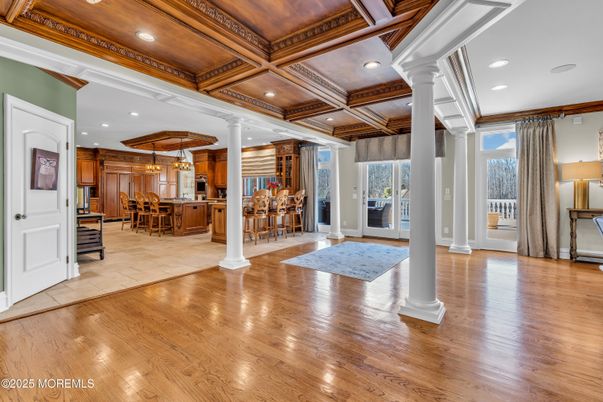 Dining room, Interior, Kitchen, Pendant Lights, Recessed Lighting, Wooden Beams, Wood Texture Flooring