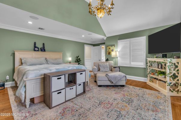 Bedroom, Chandelier, Interior, Recessed Lighting, Wood Texture Flooring