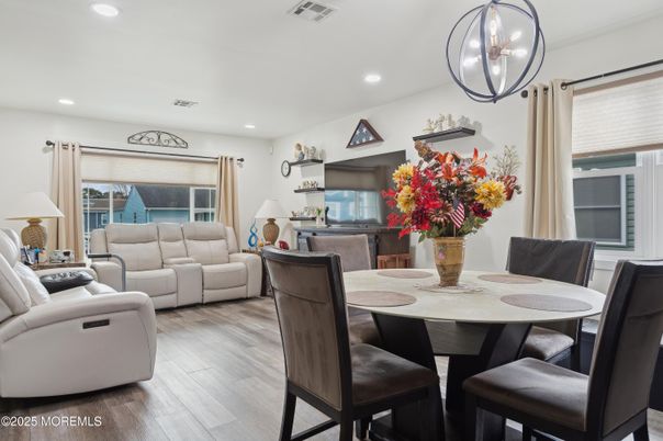 Dining room, Interior, Living room, Recessed Lighting, Wood Texture Flooring