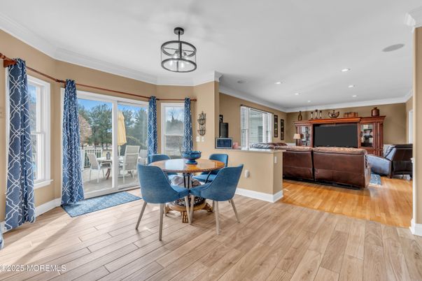 Dining room, Interior, Living room, Recessed Lighting, Wood Texture Flooring