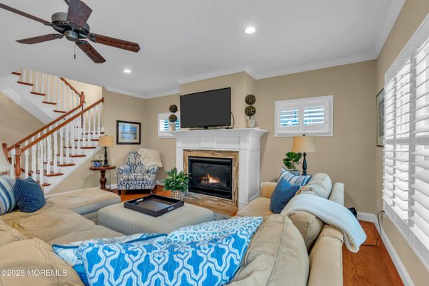 Fireplace, Interior, Living room, Recessed Lighting, Wood Texture Flooring