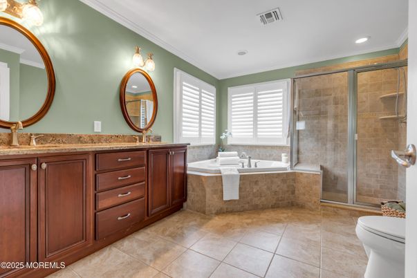 Bathroom, Dual Sink Vanities, Glass Shower, Interior, Recessed Lighting