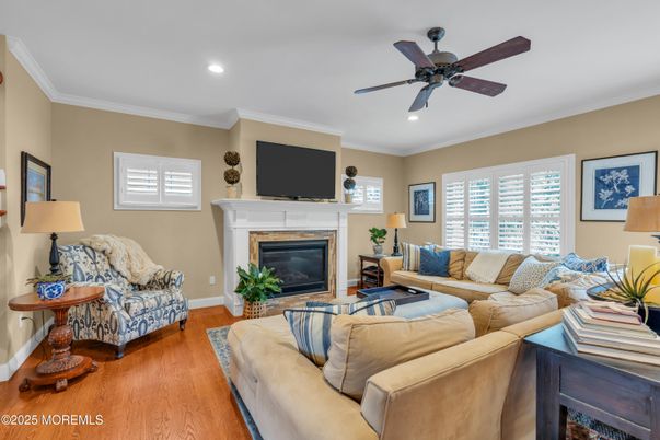 Fireplace, Interior, Living room, Recessed Lighting, Wood Texture Flooring