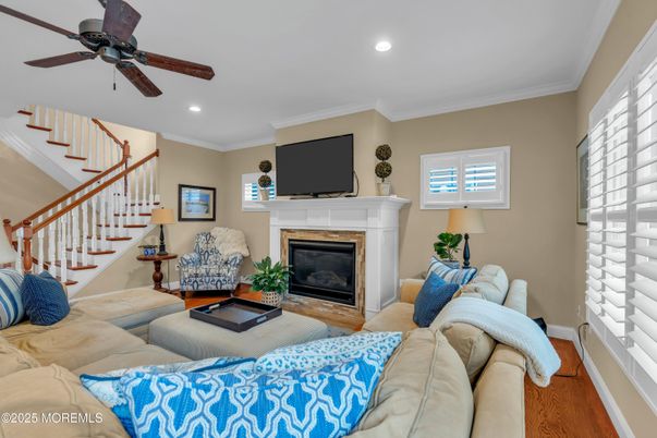 Fireplace, Interior, Living room, Recessed Lighting, Wood Texture Flooring