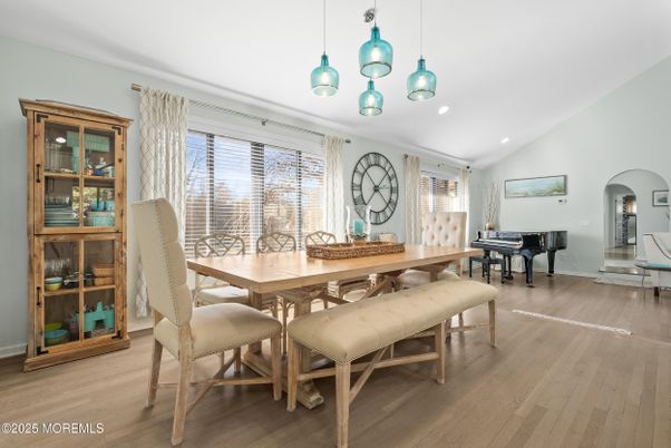 Dining room, Interior, Pendant Lights, Piano, Recessed Lighting, Wood Texture Flooring