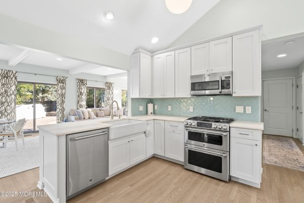 Dining room, Interior, Kitchen, Recessed Lighting, Stainless Steel Appliances, Wood Texture Flooring
