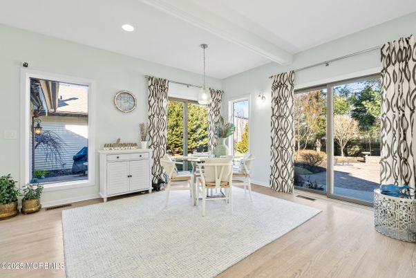 Dining room, Interior, Pendant Lights, Recessed Lighting, Wood Texture Flooring