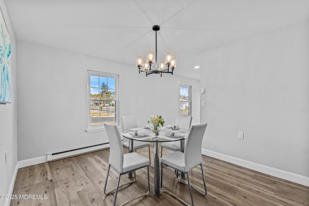 Chandelier, Dining room, Interior, Recessed Lighting, Wood Texture Flooring