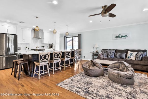 Interior, Kitchen, Living room, Pendant Lights, Recessed Lighting, Stainless Steel Appliances, Wood Texture Flooring