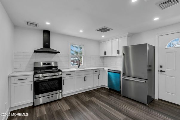 Interior, Kitchen, Recessed Lighting, Stainless Steel Appliances, Wood Texture Flooring