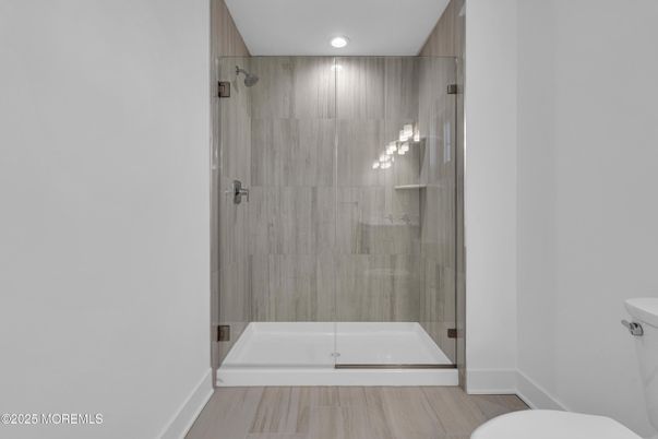 Bathroom, Glass Shower, Interior, Recessed Lighting, Wood Texture Flooring