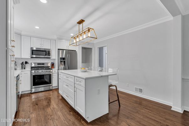 Interior, Kitchen, Pendant Lights, Recessed Lighting, Stainless Steel Appliances, Wood Texture Flooring