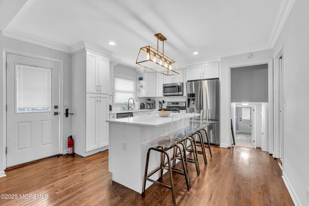 Interior, Kitchen, Pendant Lights, Recessed Lighting, Stainless Steel Appliances, Wood Texture Flooring