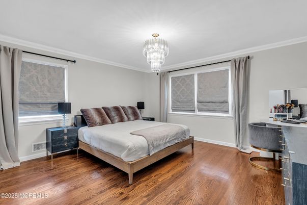 Bedroom, Chandelier, Interior, Wood Texture Flooring